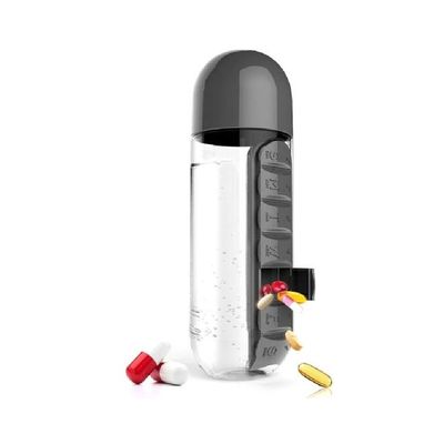 Water Bottle With Daily Pill Box Organizer 600 ml Grey/Clear