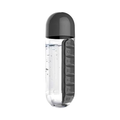 Plastic Daily Pill Box Organizer Water Bottle Black/Clear