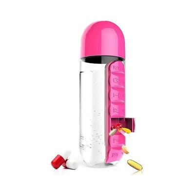 Plastic Water Bottle With Daily Pill Box Organizer Pink/Clear 23.5x6.9cm