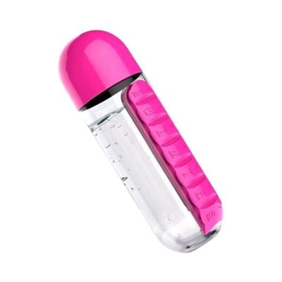 Plastic Water Bottle With Daily Pill Box Organizer Pink/Clear 23.5x6.9cm