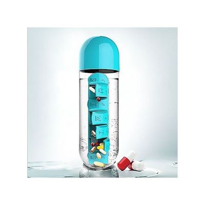 2-In-1 Portable Medicine Organizer Water Bottle Blue/Clear 600ml