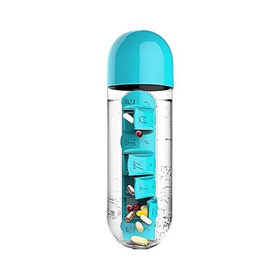 2-In-1 Portable Medicine Organizer Water Bottle Blue/Clear 600ml
