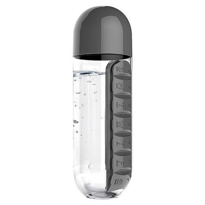 Free Convenient Water Bottle With Daily Pill Box Clear/Grey