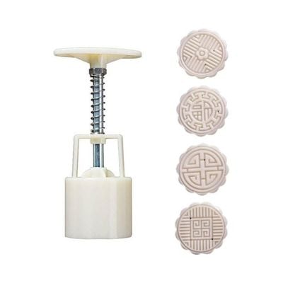 Mid-Autumn Festival Moon Cake Making Mold With 4 Stamp White/Beige/Silver 14 x 5 x 5cm