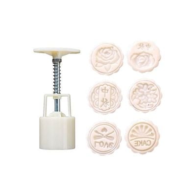 Mid-Autumn Festival Moon Cake Making Mold With 6 Stamp White/Beige/Silver 14 x 5 x 5cm