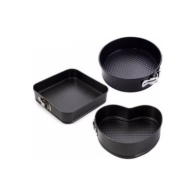 3 Pieces Non Stick Removable Bottom Round Heart Square Shape Cake Mold Set Black 26x26x2cm