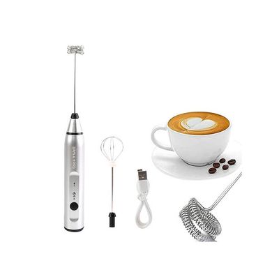 USB Rechargeable Milk Frother, 3 Speeds, 2 Whisks Silver 200g