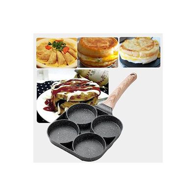 4 Hole Omelet Pan For Burger Eggs Ham Pancake Maker Wooden Handle Frying Pot Black
