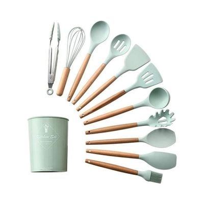 12-Piece Heat Resistant Non-Stick Silicone Cooking Utensil Set Green/Brown One Size