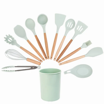 12-Piece Heat Resistant Non-Stick Silicone Cooking Utensil Set Green/Brown One Size