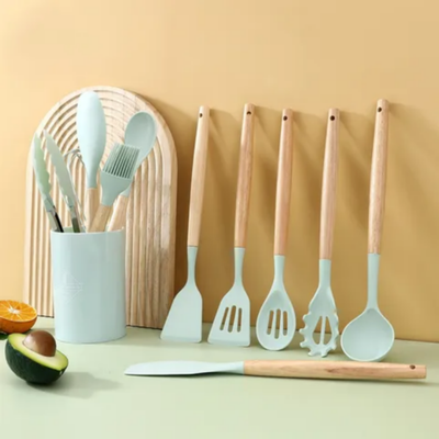 12-Piece Heat Resistant Non-Stick Silicone Cooking Utensil Set Green/Brown One Size