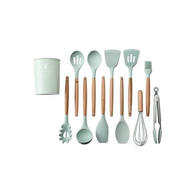 11-Piece Silicone Wooden Handle Kitchen Utensil Set With Holder Green/Brown One Size