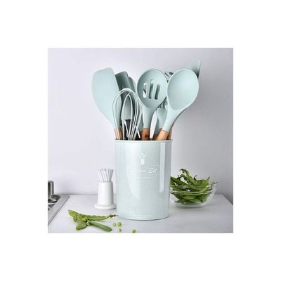 12-Piece Silicone Wooden Handle Kitchen Utensil Set With Holder Green/Brown One Size