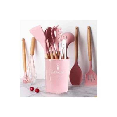 12-Piece Heat Resistant Non-Stick Silicone Cooking Utensil Set Pink/Brown One Size