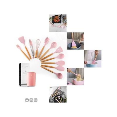 12-Piece Heat Resistant Non-Stick Silicone Cooking Utensil Set Pink/Brown One Size