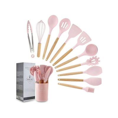 12-Piece Heat Resistant Non-Stick Silicone Cooking Utensil Set Pink/Brown One Size