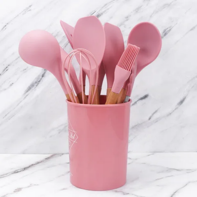 12-Piece Heat Resistant Non-Stick Silicone Cooking Utensil Set Pink/Brown One Size