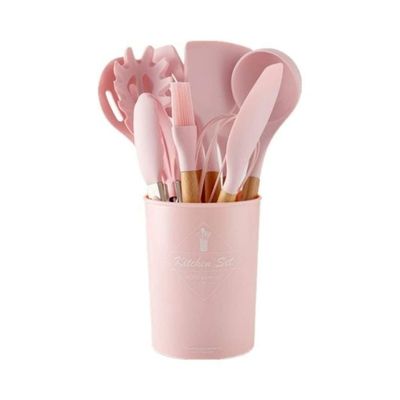 11-Piece Silicone Wooden Handle Kitchen Utensil Set With Holder Pink/Brown One Size