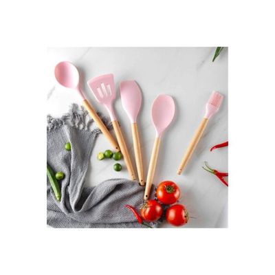11-Piece Silicone Wooden Handle Kitchen Utensil Set With Holder Pink/Brown One Size