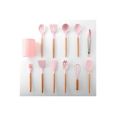 11-Piece Silicone Wooden Handle Kitchen Utensil Set With Holder Pink/Brown One Size