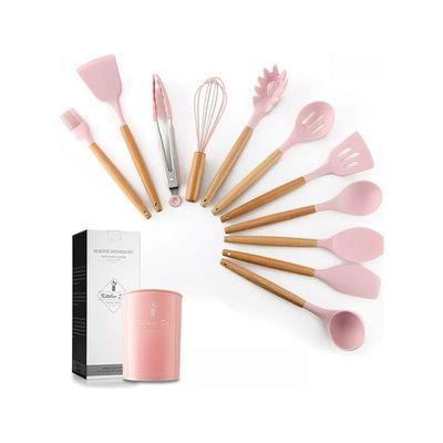 11-Piece Silicone Cooking Utensils Set Brown/Pin One Size