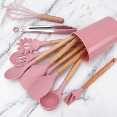 11-Piece Silicone Cooking Utensils Set Brown/Pin One Size