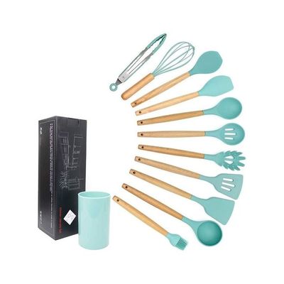 11-Piece Silicone Wooden Handle Kitchen Utensil Set With Holder Green/Brown One Size