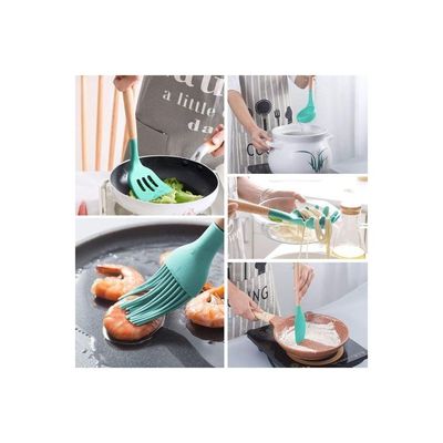 11-Piece Silicone Wooden Handle Kitchen Utensil Set With Holder Green/Brown One Size