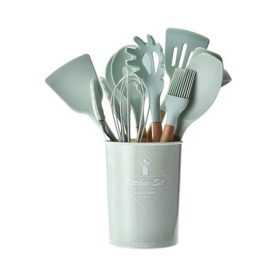 11-Piece Silicone Cooking Utensils Set with Holder Green/Brown One Size