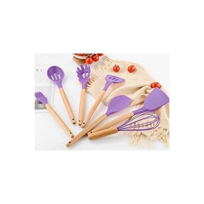 12-Piece Silicone Wooden Handle Kitchen Utensil Set With Holder Purple/Brown One Size