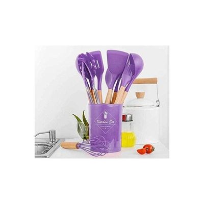 12-Piece Silicone Wooden Handle Kitchen Utensil Set With Holder Purple/Brown One Size
