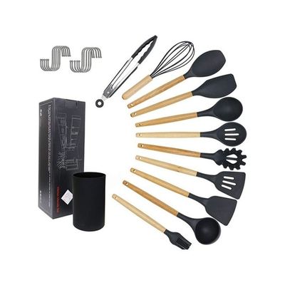 11-Piece Silicone Wooden Handle Kitchen Utensil Set With Holder and 10 Hanging Hook Black/Brown One Size