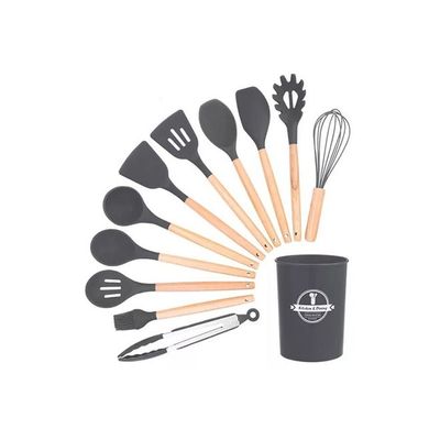 11-Piece Silicone Cooking Utensil Set With Holder and Hanger Hook Grey/Brown One Size