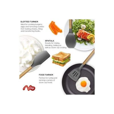 11-Piece Silicone Cooking Utensil Set With Holder and Hanger Hook Grey/Brown One Size