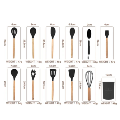 11-Piece Silicone Cooking Utensil Set With Holder and Hanger Hook Grey/Brown One Size