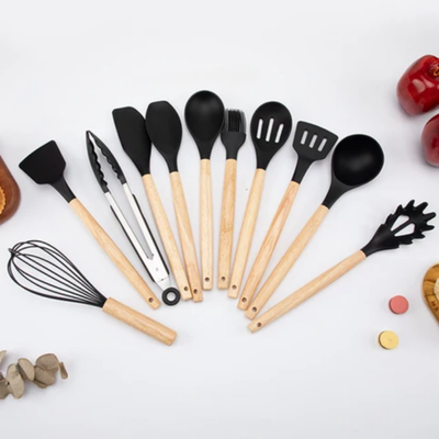 11-Piece Silicone Cooking Utensil Set With Holder and Hanger Hook Grey/Brown One Size