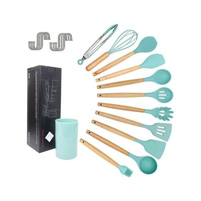11-Piece Silicone Wooden Handle Kitchen Utensil Set With Holder and Hanger Hook Multicolour One Size
