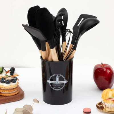 12-Piece Cooking Utensil Set Black/Brown One Size 12-Piece Cooking Utensil Set Black/Brown One Size