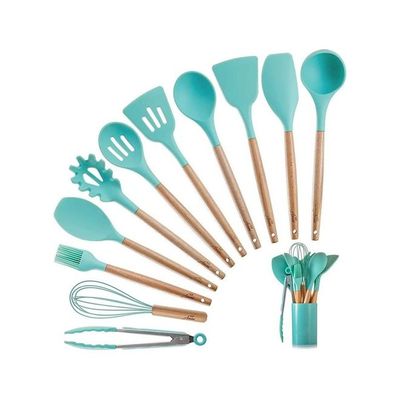11-Piece Wooden Handle Kitchen Utensils Set with Stand Sea Blue/Brown One Size