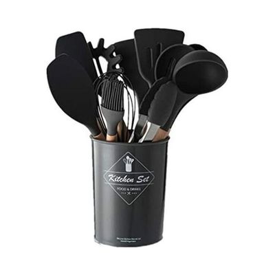 11-Piece Silicone Wooden Handle Kitchen Utensil Set With Holder Black/Brown One Size