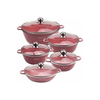 10-Piece Granite Cookware With Lids Set Includes 1xCasserole (32cm),1xCasserole (28cm), ,1xCasserole (24cm),1xCasserole (20cm) and Shallow Casserole Pink 28cm