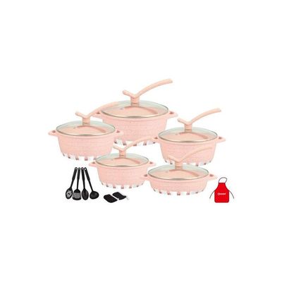 17-Pieces Granite Cookware Set Includes Casserole With Lid 24cm, Casserole With Lid 28cm, Casserole With Lid 32cm, Casserole With Lid 28cm, Shallow Casserole 7xCooking Tools Pink/Clear 32cm