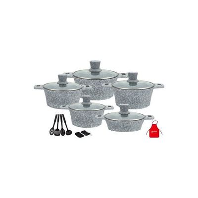 17-Pieces Granite Cookware Set Includes Casserole With Lid 24cm, Casserole With Lid 28cm, Casserole With Lid 32cm, Casserole With Lid 28cm, Shallow Casserole 7xCooking Tools Grey/Clear 32cm