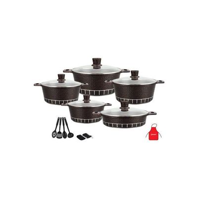 17-Piece Granite Cookware Set Includes 1xCasserole With Lid 20cm, 1xCsserole With Lid 24cm, 1xCasserole With Lid  28cm, 1xCasserole With Lid 32cm, 1xShallow Casserole With Lid 28cm, 7xCooking Tools Black