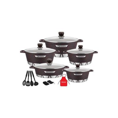 17-Piece Die Casting Cookware Set Includes 1xCasserole With Lid 20cm, 1xCasserole With Lid 24cm, 1xCasserole With Lid 28cm, 1x Casserole With Lid 32cm, 1xShallow Casserole With Lid 28cm, 7xCooking Tools Black/Red