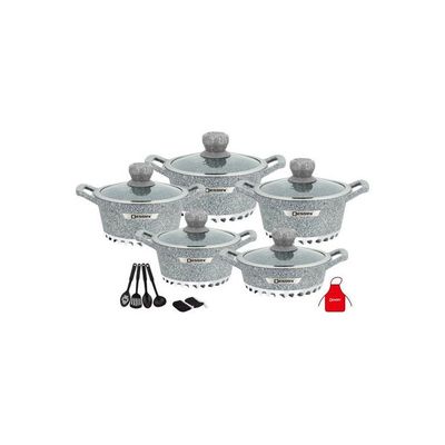 17-Pieces Granite Cookware Set Includes Casserole With Lid 24cm, Casserole With Lid 28cm, Casserole With Lid 32cm, Casserole With Lid 28cm, Shallow Casserole 7xCooking Tools Grey/Clear 32cm