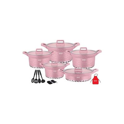 17-Piece Granite Cookware Set Pink Casserole 20 Cm, 24 Cm, 28 Cm, 32cm
