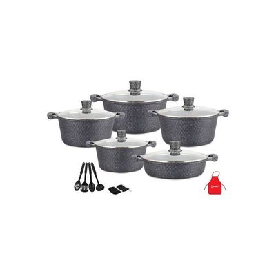 17-Piece Granite Cookware Set Includes 1xCasserole With Lid 20cm, 1xCsserole With Lid 24cm, 1xCasserole With Lid  28cm, 1xCasserole With Lid 32cm, 1xShallow Casserole With Lid 28cm, 7xCooking Tools Dark Grey