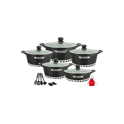 17-Pieces Granite Cookware Set Includes Casserole With Lid 24cm, Casserole With Lid 28cm, Casserole With Lid 32cm, Casserole With Lid 28cm, Shallow Casserole 7xCooking Tools Black/Clear 32cm