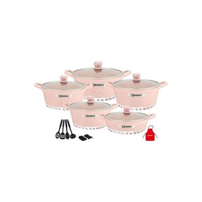 17-Pieces Granite Cookware Set Includes Casserole With Lid 24cm, Casserole With Lid 28cm, Casserole With Lid 32cm, Casserole With Lid 28cm, Shallow Casserole 7xCooking Tools Pink/Clear 32cm